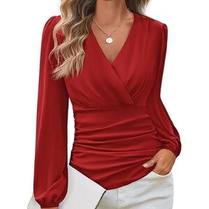 • Chic Red Wrap Blouse •